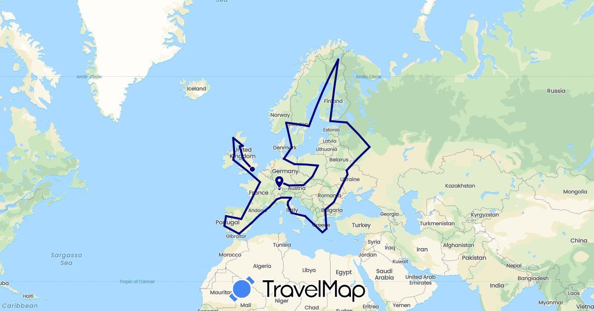 TravelMap itinerary: driving in Austria, Bulgaria, Switzerland, Germany, Denmark, Spain, Finland, France, United Kingdom, Greece, Ireland, Italy, Norway, Poland, Portugal, Romania, Russia, Sweden, Ukraine (Europe)
